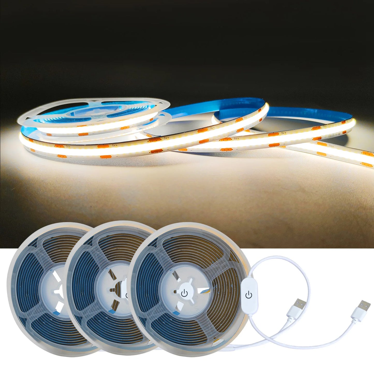 Smart Touch Dimmable COB LED Strip Light with USB Power - 320 LEDs/m, Flexible Ribbon Tape for Kitchen Backlighting and Room Lighting