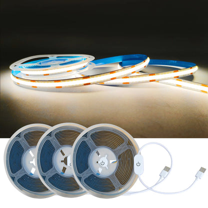 Smart Touch Dimmable COB LED Strip Light with USB Power - 320 LEDs/m, Flexible Ribbon Tape for Kitchen Backlighting and Room Lighting